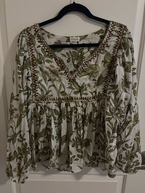 World Market Olive Green Floral V-Neck Long Sleeve Blouse with Embroidery